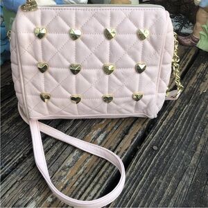 Betsey Johnson Purse Pink Black Gold Metal Heart Stud Handbag Cross Body Bag